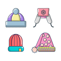 Winter hat icon set, cartoon style