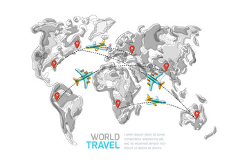 Vector abstract grayscale world map with red pins and blue flying airplanes. Top view illustration isolated on white background. Travel around the world and tourism creative concept.