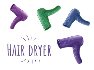 Set of vector cartoon hair dryer - trend color ultraviolet, green, blue, purple