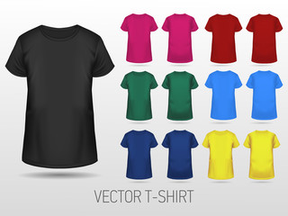 T-shirt templates collection of different colors for men and women, realistic gradient mesh vetor.