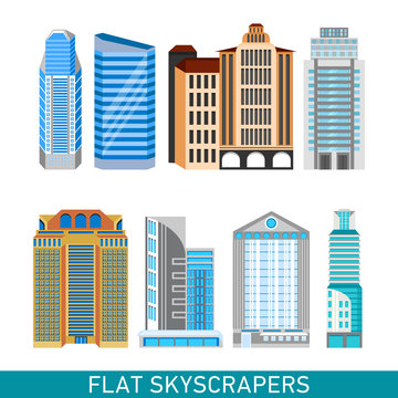 Modern skyscrapers set in flat style. Vector illustration for busines infographics. City design elements.