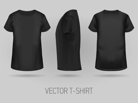Black t-shirt template in three dimentions: front, side and back view, realistic gradient mesh vetor.