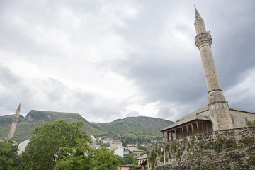 Minaret of Tabacica Mosque with its Minaret in old town Mostar, Bosnia and Herzegovina