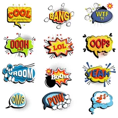 Foto op Plexiglas Komische tekstballonnen. Onomatopeïsche uitdrukkingen: Lol en cool, bang en WTF, OOOH en OOPS, Vroom en ja, boem en pow © Kololo