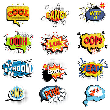 Comic speech bubbles. Onomatopoeic expressions: Lol and cool, bang and WTF, OOOH and OOPS, Vroom and yeah, boom and pow