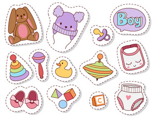 Baby toys patches cartoon family kid toyshop design cute boy and girl childhood art diaper drawing graphic love rattle fun vector illustration.