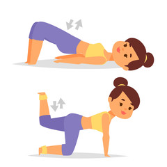 Woman home workout vector exercising at home fitness character training coaching healthy living and diet concept illustration.