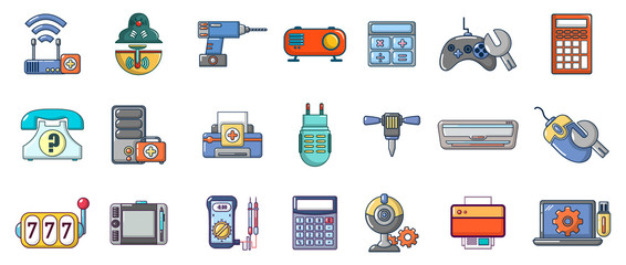 Electronic device icon set, cartoon style