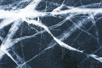 Crack in the ice on a frozen lake covered with snow. Cracked black ice texture background