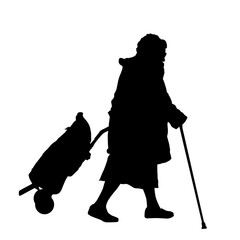 Old woman silhouette with luggage and cane
