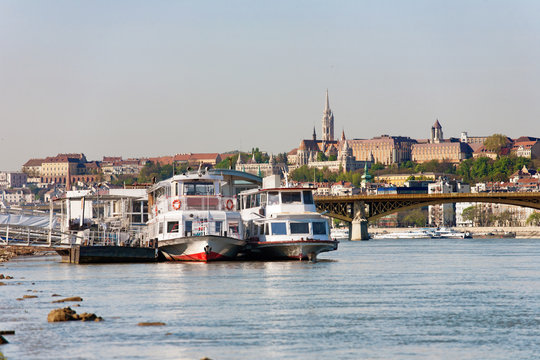 Buda Castle, FSt. Matthias church and Fishermen's Bastion viewed from Danube river