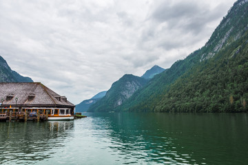 Wooden house in the mountains in Konigssee Lake, Bavaria, Alps, Germany