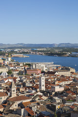aerial view of old city of Sibenik from Saint Michael fortress, Croatia