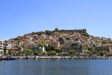 Fototapeta na wymiar Panorama of the old town - Kavala, Greece - Byzantine fortress, port, buildings, Aegean Sea