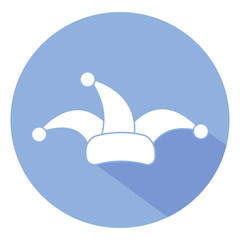 April fool's day. Icon, a clown hat of white color on a blue background.