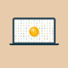 Bitcoin and laptop earning crypto currencies. Vector illustration .