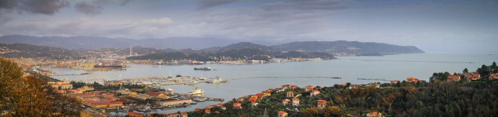 Fototapeta na wymiar Panoramic view over the La Spezia marina in Liguria, Italy