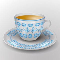cup and saucer decorated with blue ornament. Vector