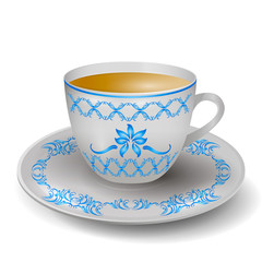 cup and saucer decorated with blue ornament. Vector