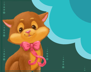 Template of a green greeting card with  cute cartoon cat and buble