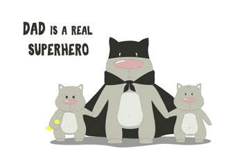 Super hero cat dad with son and daughter. Father cat and kittens family team. Cartoon super cat. Vector illustration.