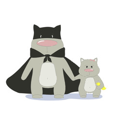 Super hero cat dad and daughter. Father cat and daughter family team. Cartoon super cat. Vector illustration.