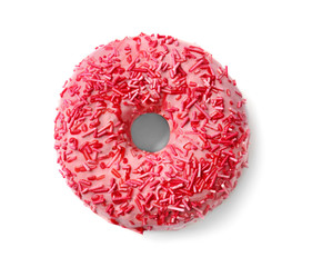 Delicious pink donut on white background