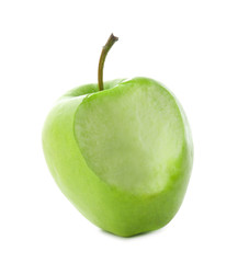 Fresh green apple with bite mark isolated on white
