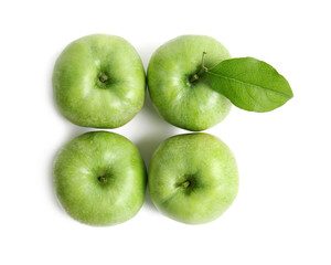 Fresh green apples on white background, top view