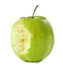 Fresh green apple with bite mark isolated on white