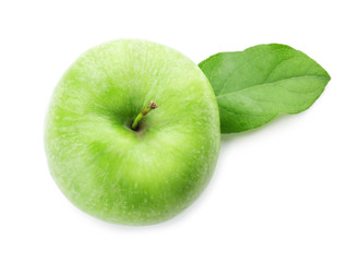 Fresh green apple on white background, top view