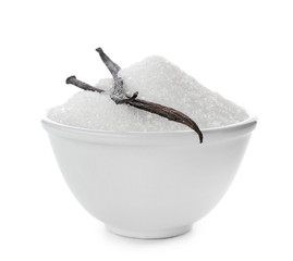 Bowl with vanilla sugar and sticks on white background