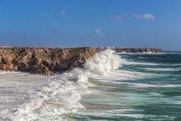 Storm wind and wave of the waves in Sagres Algarve. Portugal