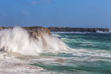 Storm wind and wave of the waves in Sagres Algarve. Portugal