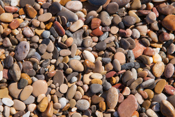 Close up of small sized wet stones found on the beach 	