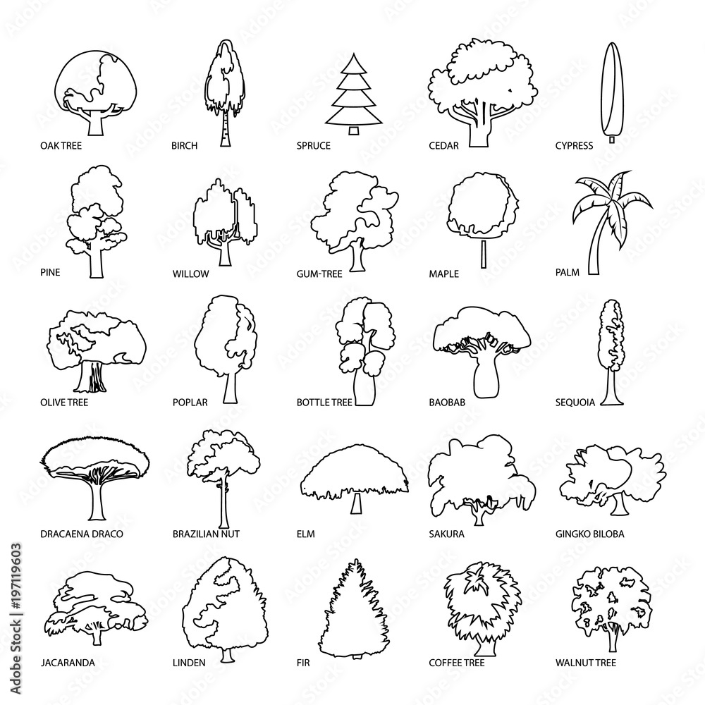 Poster tree types icons set, outline style