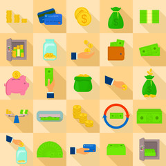 Money types icons set, flat style