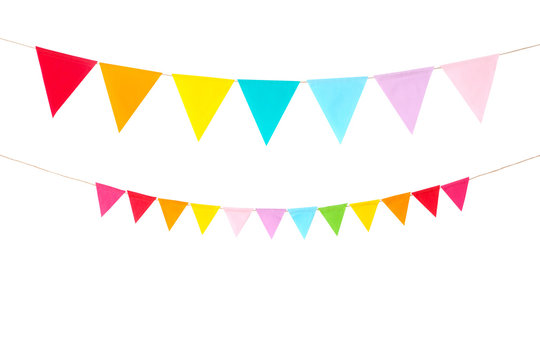 Colorful party flags isolated on white background, birthday, anniversary, celebrate event, festival greeting card background
