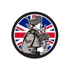 Icon retro style illustration of a British bagpiper playing the Scottish Great Highland bagpipes with United Kingdom UK, Great Britain Union Jack flag set inside circle on isolated background.