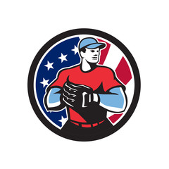 Icon retro style illustration of an American baseball pitcher or catcher wearing mitts  with United States of America USA star spangled banner or stars and stripes flag inside circle isolated backgrou