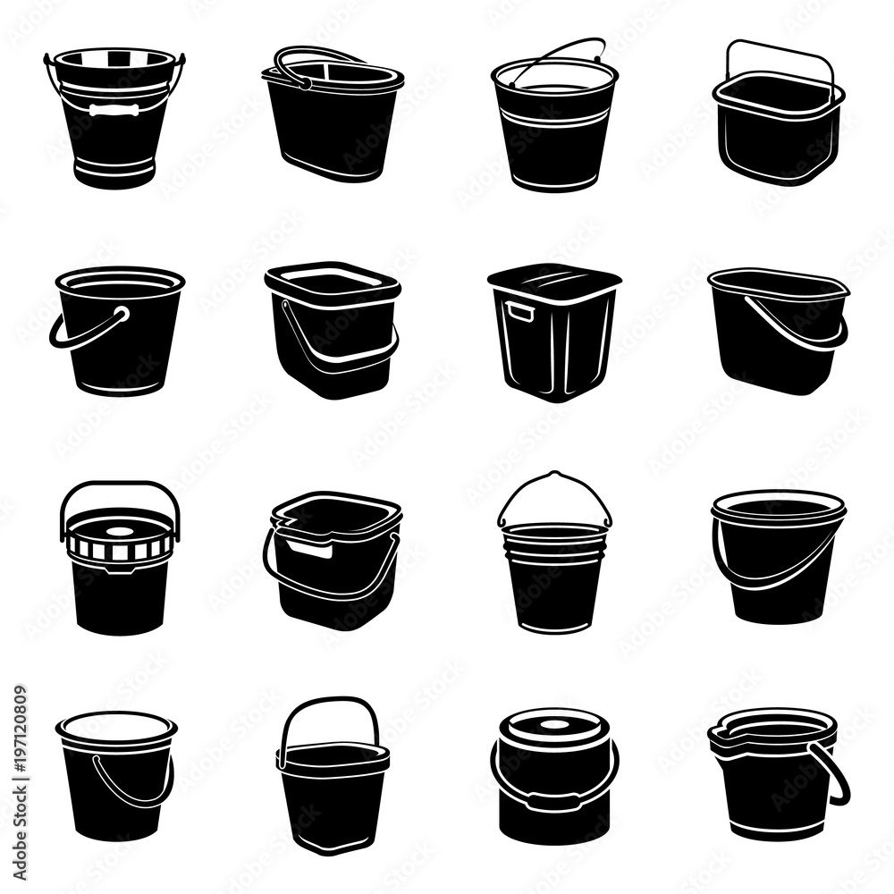 Poster bucket types container icons set, simple style