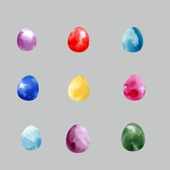 Set of Watercolor Eggs, Easter Holiday Decorations, Isolated on grey .