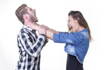 Married couple problems, wife choking her husband, furious with him