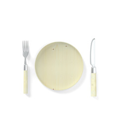 Fork with knife and wooden plate isolated