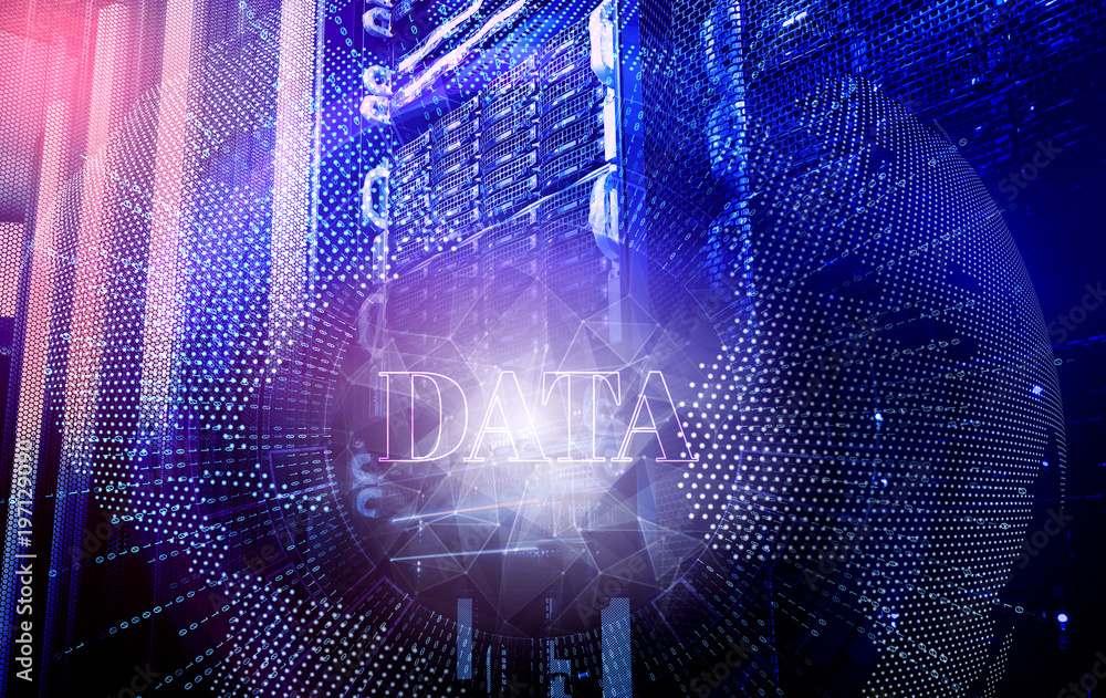 Poster big data serer in rack with multiple hard drives. technology abstract background, concept of global 
