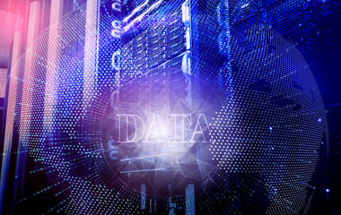 Big data serer in rack with multiple hard drives. Technology abstract background, concept of global communication