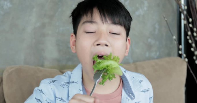 Asian boy enjoy eating salad Healthy concept .