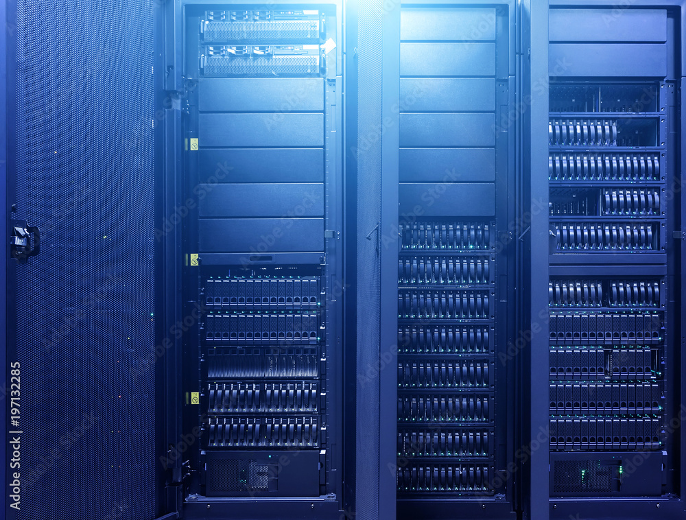 Poster data center computer cabinet background. technologies background. big data dark server room with bri