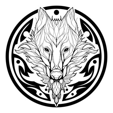 Wolf face double exposure with tree in Aztec tribal circle shape tattoo black silhouette vector with white background


