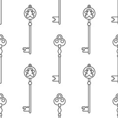 Obraz premium Vintage keys. Black and white seamless pattern for coloring books, pages. Vector